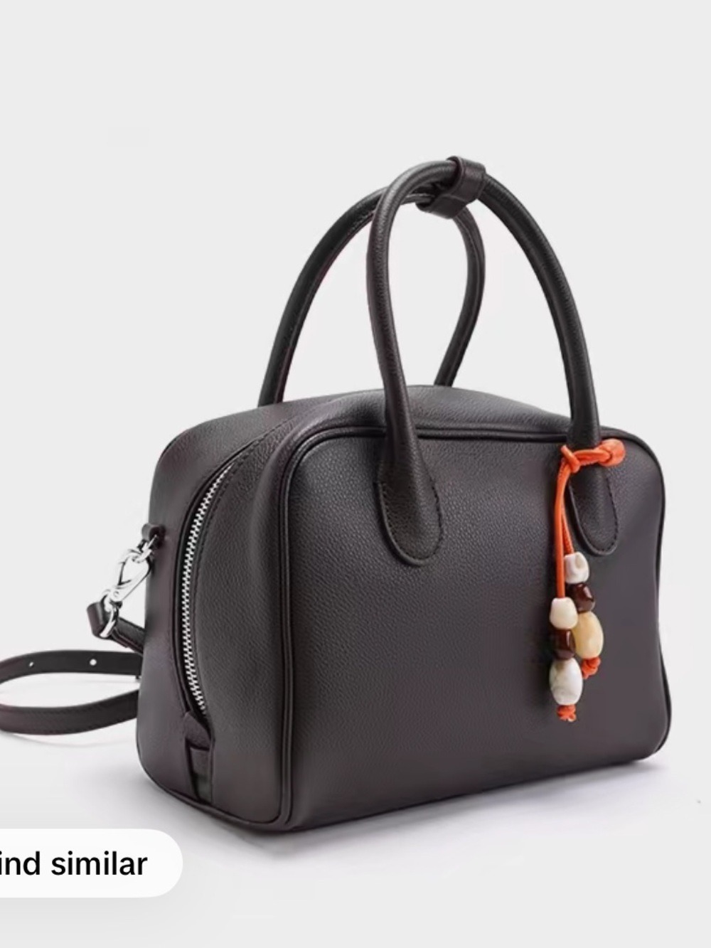 Classic Pebbled Leather Satchel Boston Bag in Dark Brown with Bead Charm
